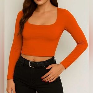 FOREFAIR Square Neck Long Sleeve Crop Double Lined Top EUC